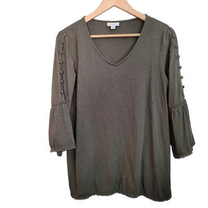 J.Jill Womens Blouse Tunic Top S Solid Olive Green Cotton 3/4 Sleeves V-Neck